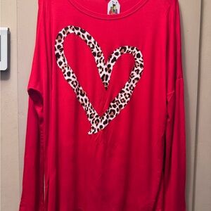 Red Long Sleeve Top with Leopard Heart